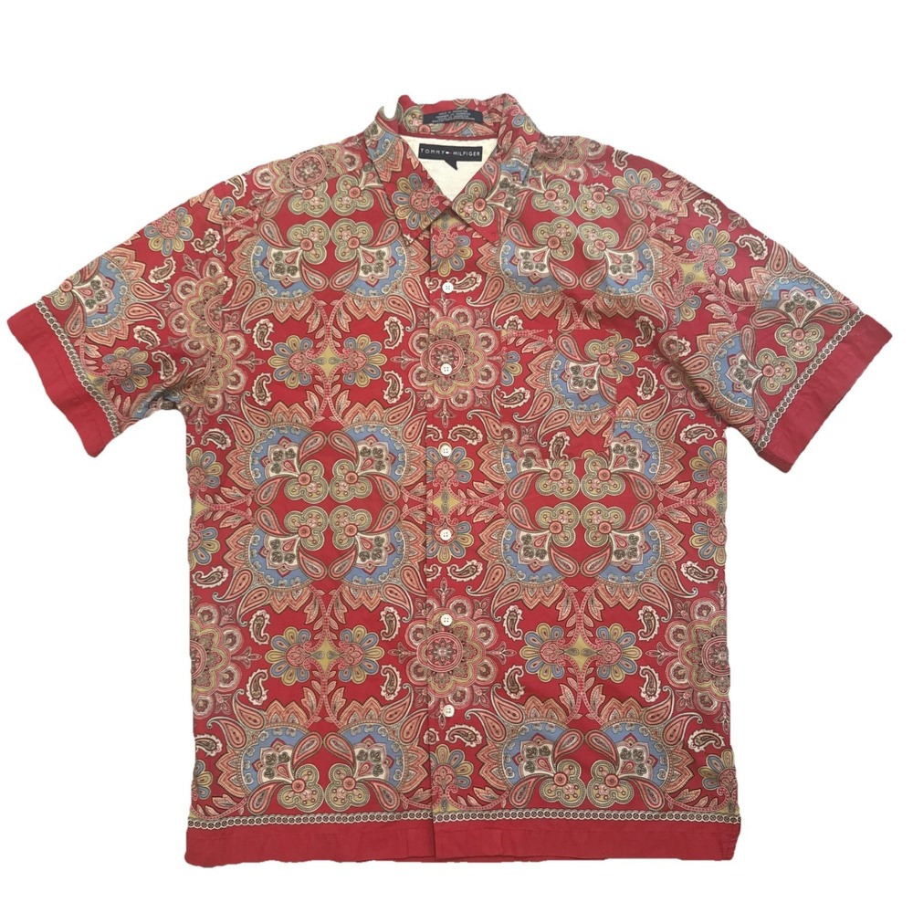 TOMMY HILFIGER Button Front Shirt Mens Medium Red Paisley, Cotton Short Sleeve‎